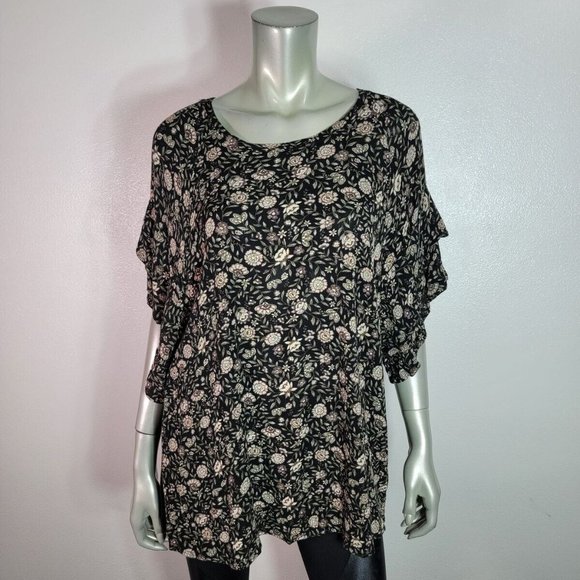 Maurices Top Plus Size 1X Flutter Sleeve Crew Neck Floral Stretch Casual Black - Picture 2 of 6